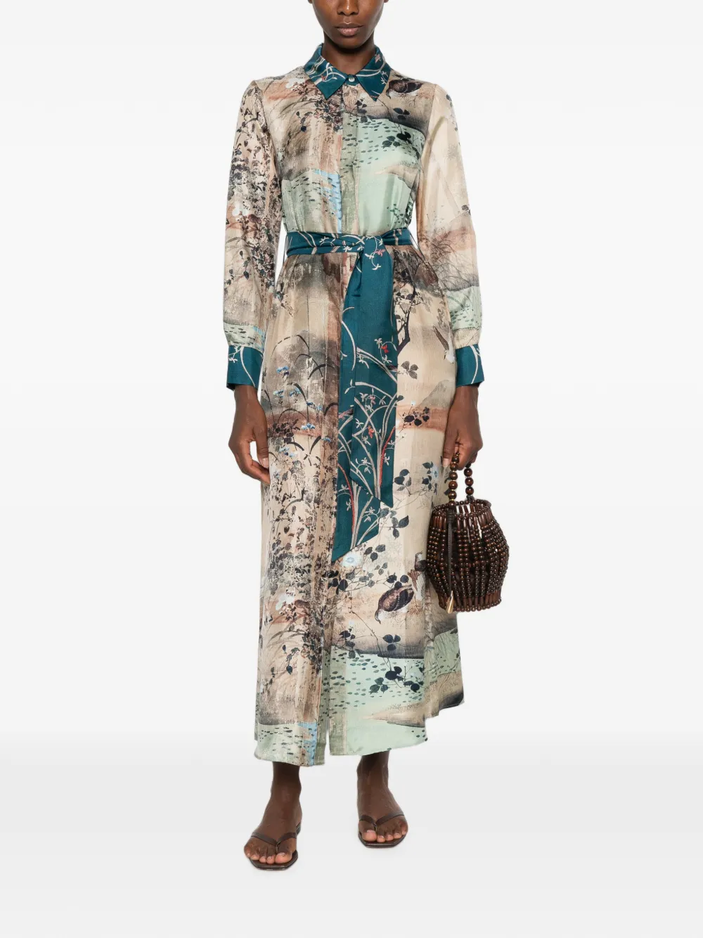 Pierre-Louis Mascia graphic-print belted midi dress Beige