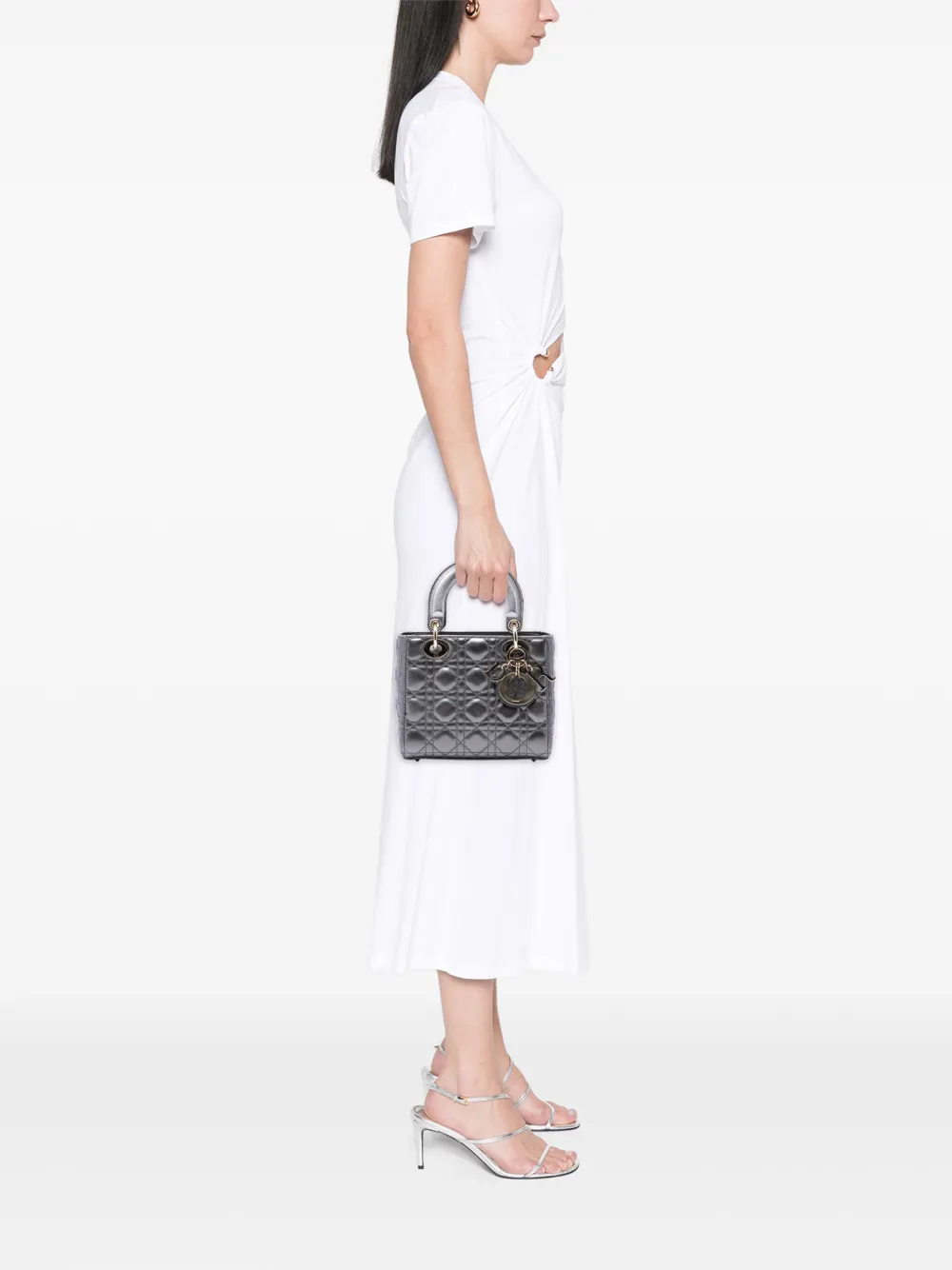 Dior Pre-owned 2019 Small Metallic Lambskin Cannage My Abcdior Lady Dior Satchel in Grey, view 2
