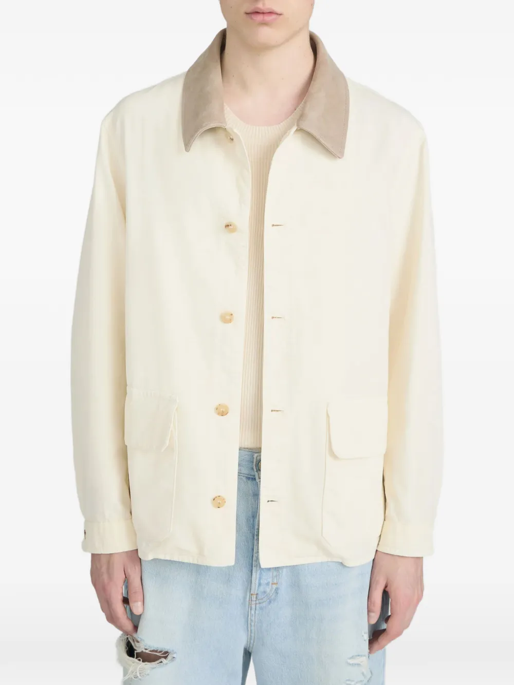 FRAME contrast-collar patch-pocket shirt jacket Wit