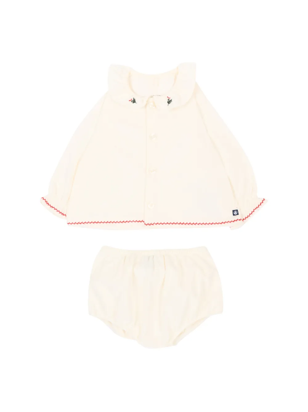 Petit Bateau Driedelige set met broekje en shirt met Peter Pan-kraag en borduurwerk Beige