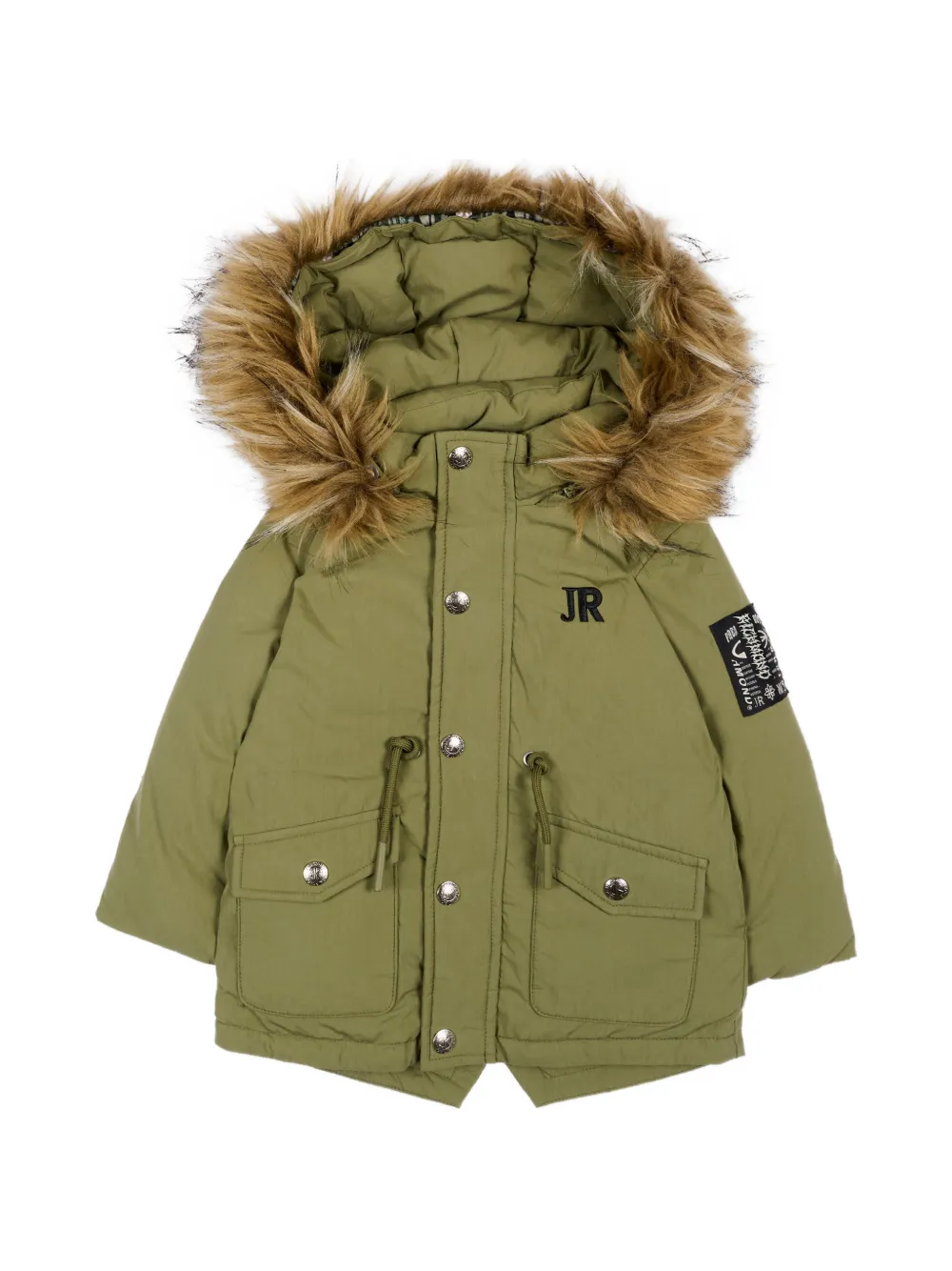 John Richmond Junior faux-fur-trim logo-patch coat - Verde