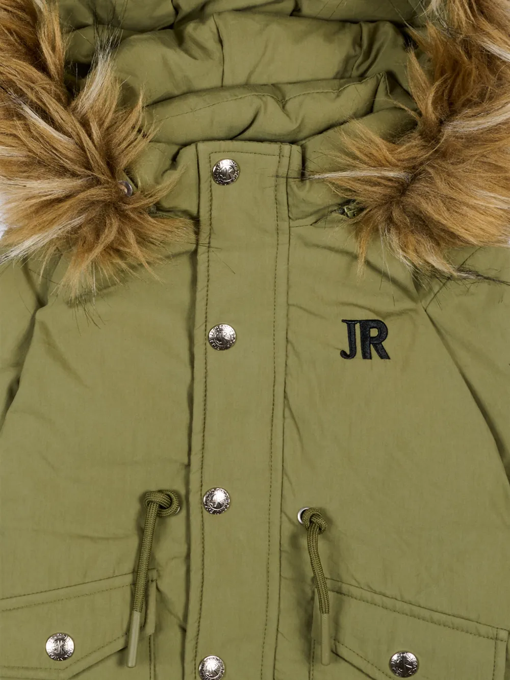 John Richmond Junior faux-fur-trim logo-patch coat Groen