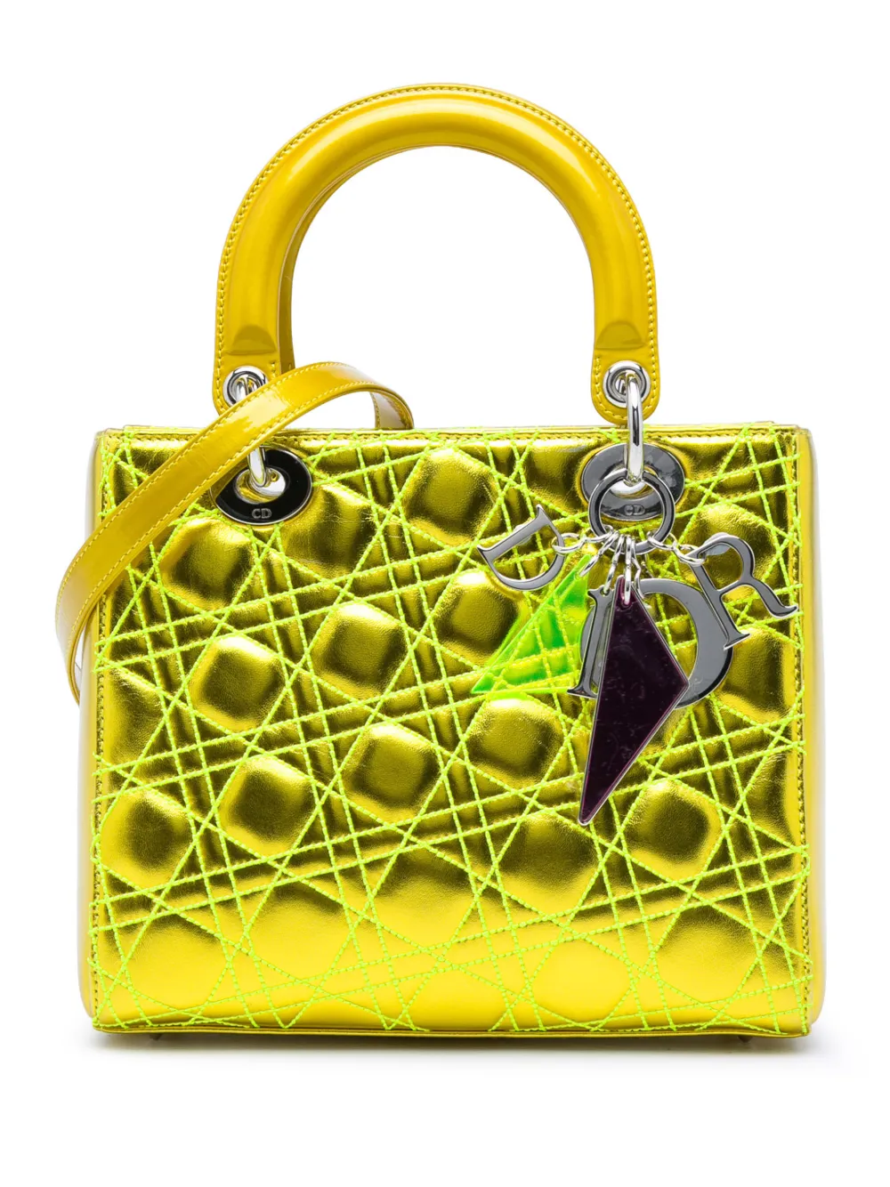 Christian Dior Pre-Owned 2011 Anselm Reyle Medium Metallic Lambskin Cannage Lady Dior satchel - Yellow
