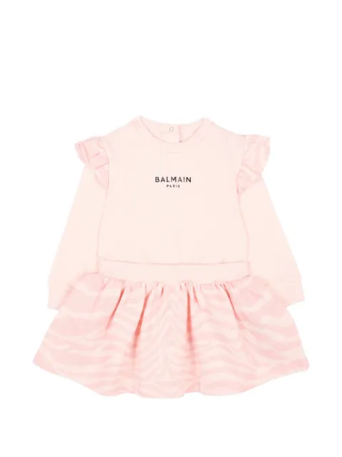 Balmain Kids ruffled zebra-print long-sleeve dress