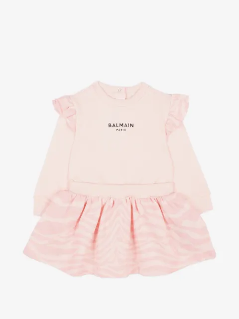 Balmain Kids ruffled zebra-print long-sleeve dress