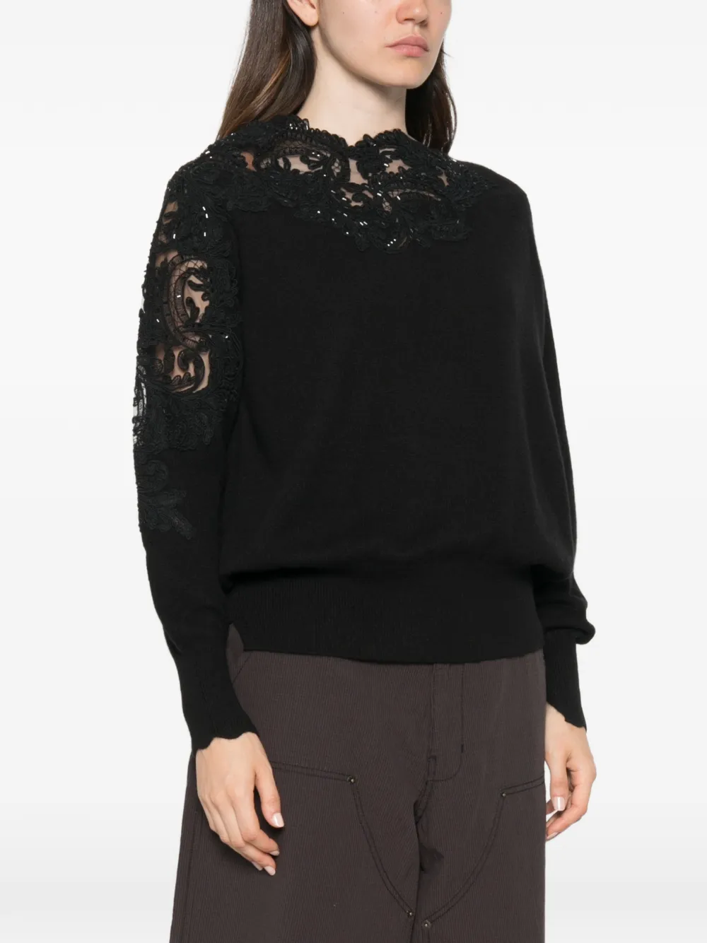 Ermanno Scervino lace-panel sequin-embellished sweater Zwart