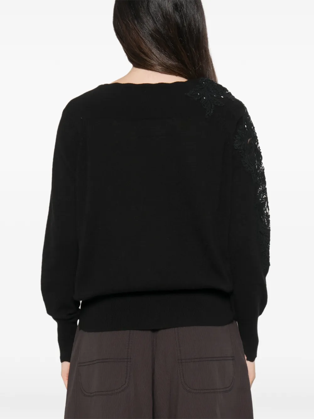 Ermanno Scervino lace-panel sequin-embellished sweater Zwart