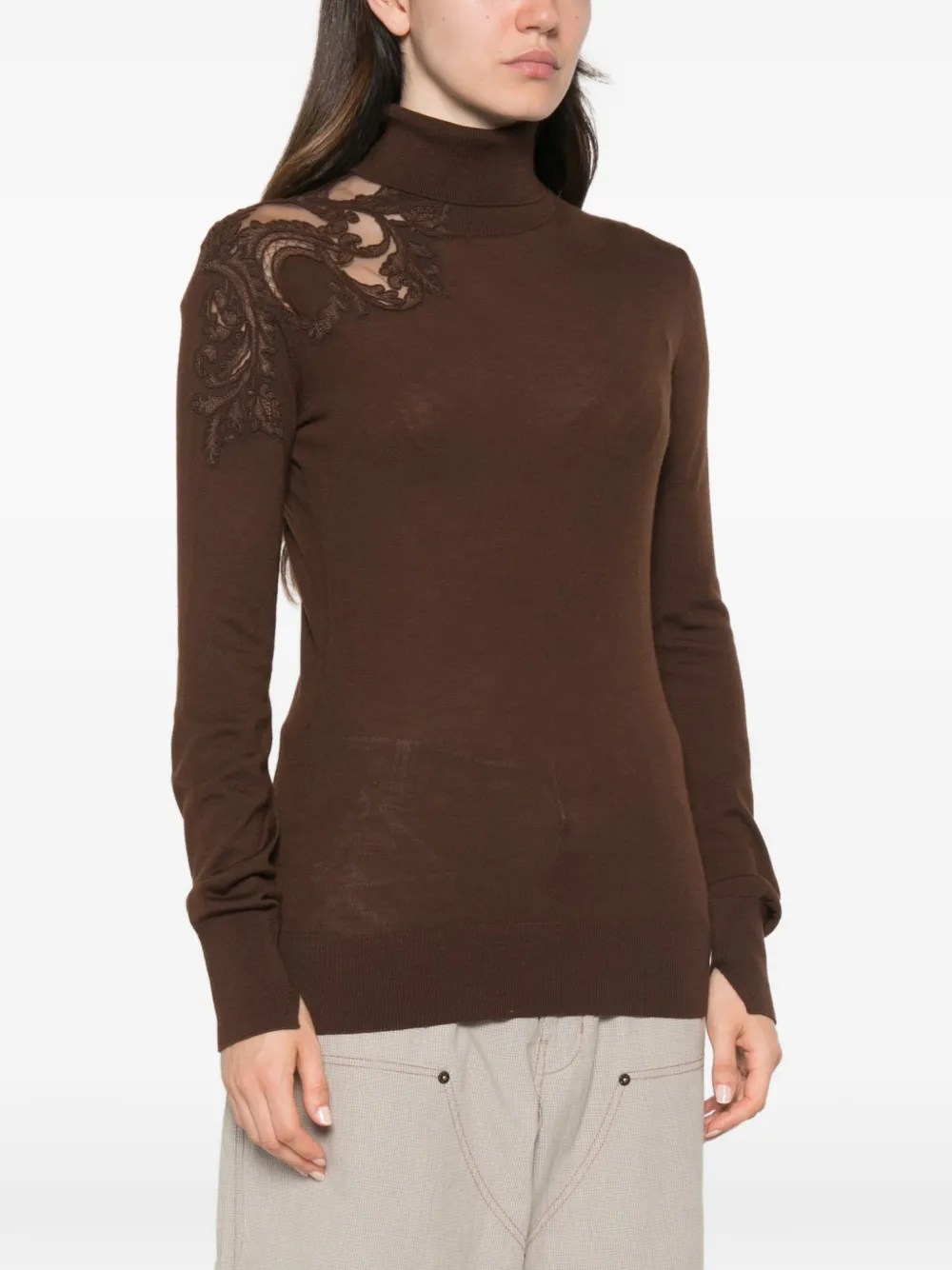Ermanno Scervino Lace-panelled Roll-neck Sweater In Brown