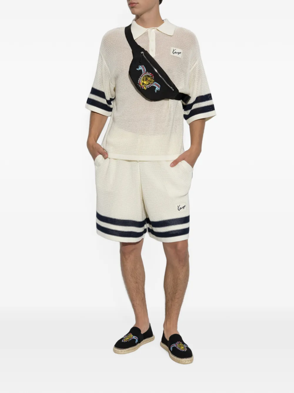 Kenzo Mesh Cotton Shorts Contrast Stripe Hem In White