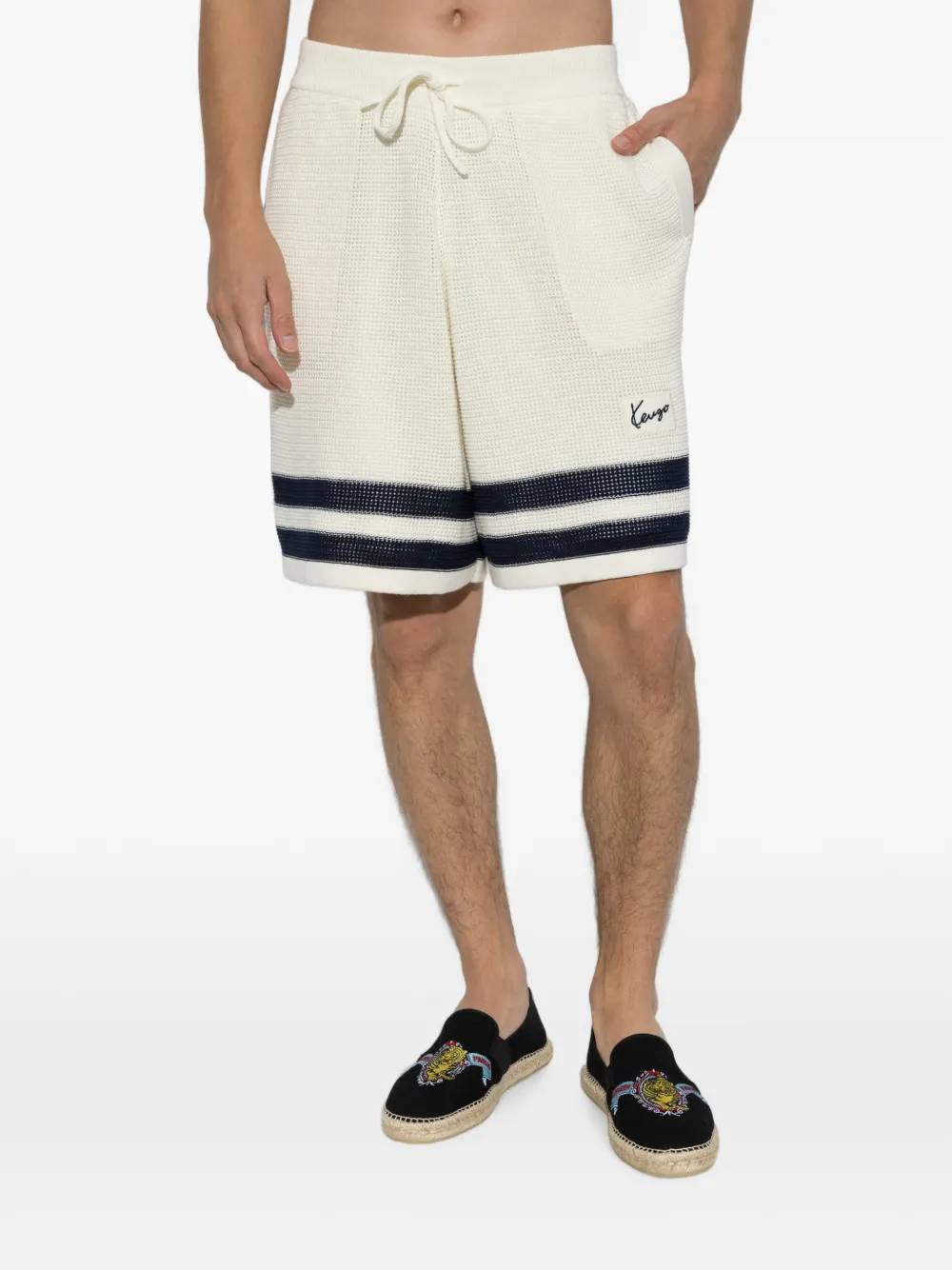 Kenzo Mesh Cotton Shorts Contrast Stripe Hem In White
