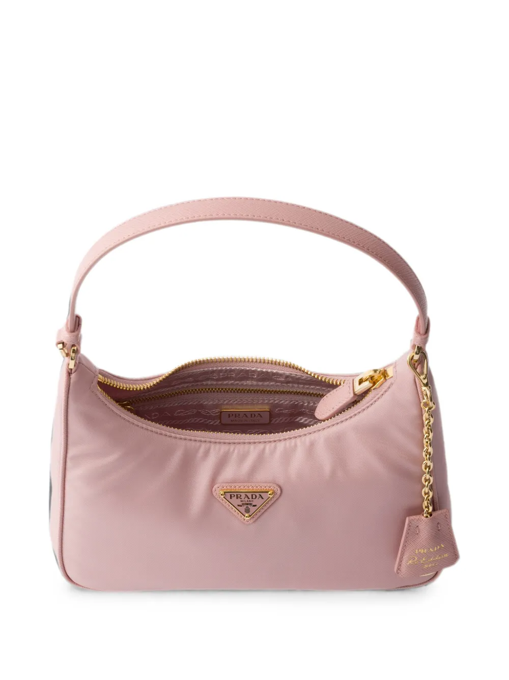Prada Re-Edition 2005 mini-tas van Re-Nylon en Saffiano Roze