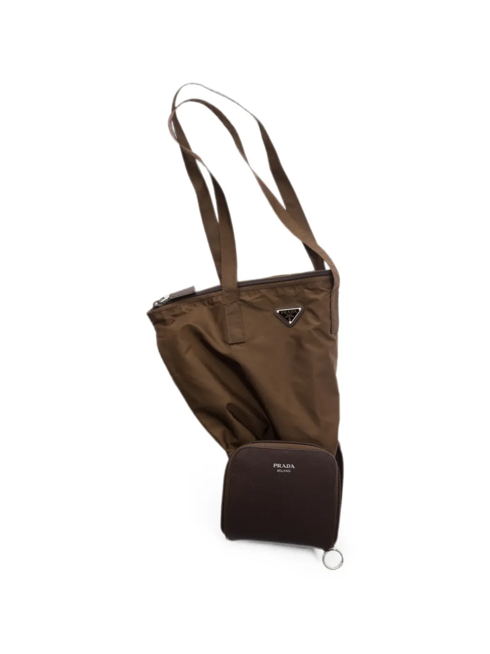 Prada Re-Nylon shopper met saffiano leren hanger Bruin