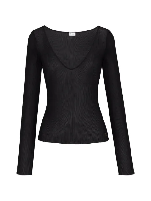 Saint Laurent Cassandre V-neck top in ribbed silk