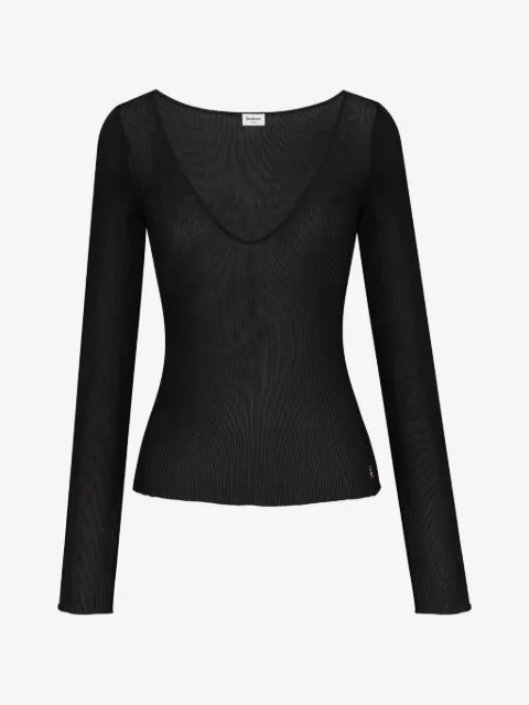 Saint Laurent Cassandre V-neck top in ribbed silk