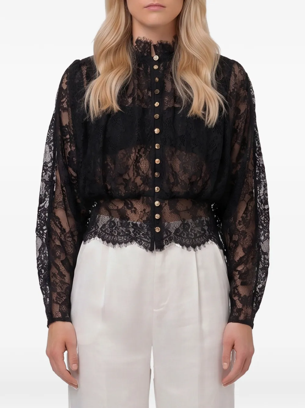 Self-Portrait black lace high neck blouse