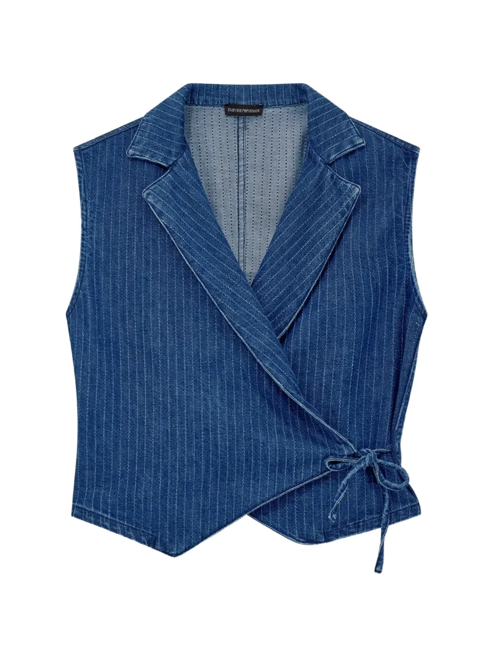 Emporio Armani pinstriped denim wrap waistcoat with lapels and a side tie - Blau
