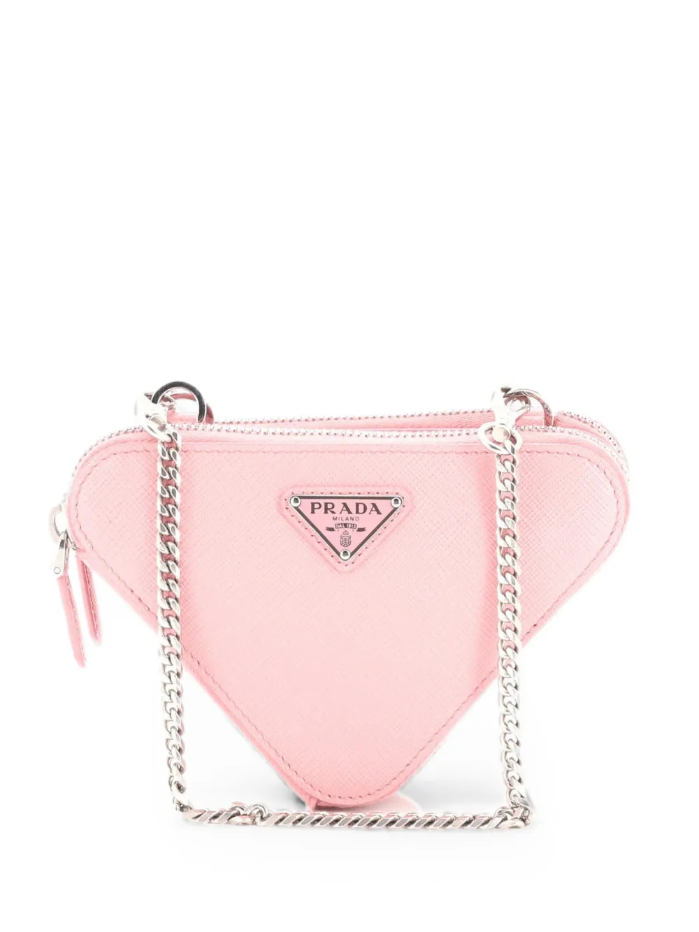 Prada Pre-Owned Triangle Double Zip Pouch Bag with Chain Saffiano Leather Mini crossbody bag - Pink