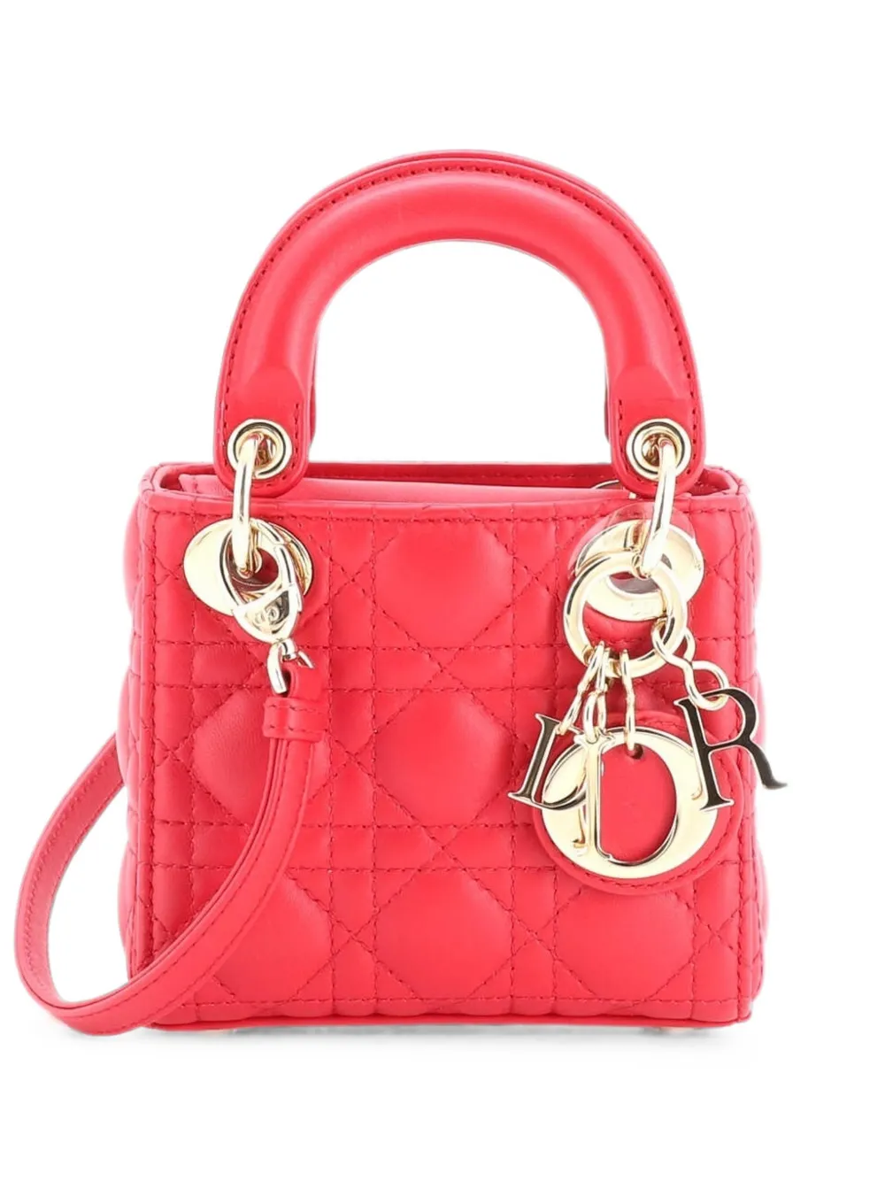 Pre-owned Dior Lady  Bag Cannage Quilt Lambskin Micro Shoulder Bag In 红色