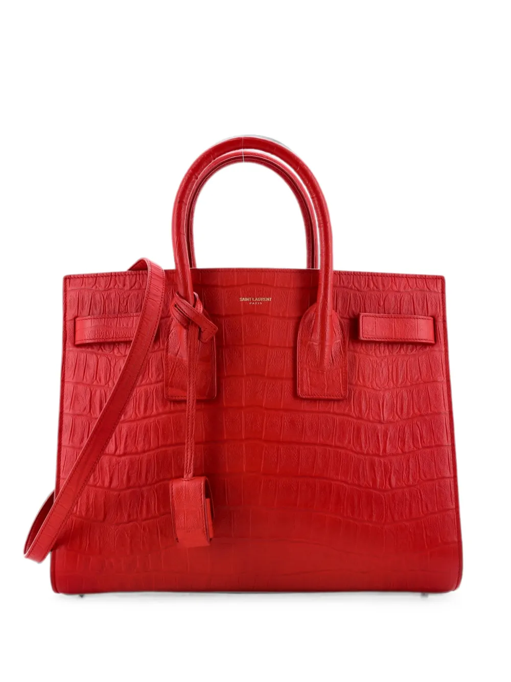 Pre-owned Saint Laurent Sac De Jour Nm Bag Crocodile Embossed Leather Small Satchel In Red