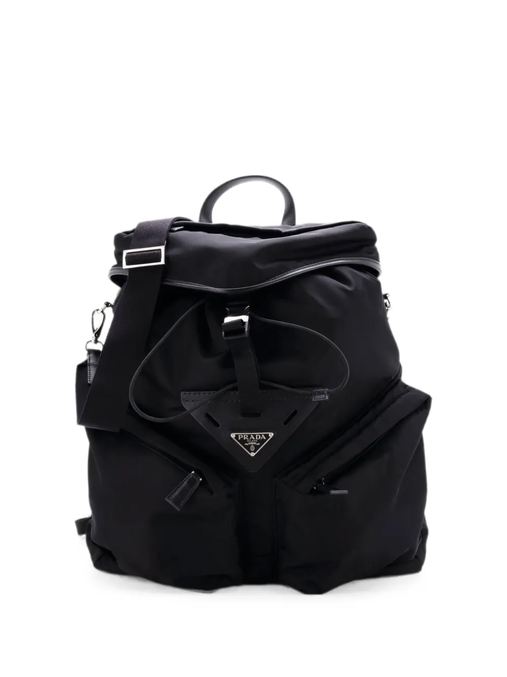 Pre-owned Prada Triangle Convertible Re-nylon With Leather Backpack In Black