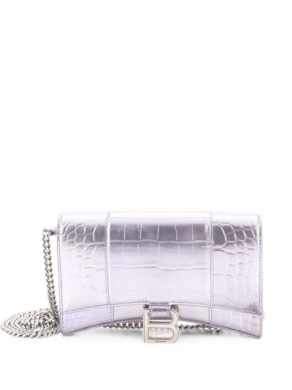 Pre-owned Balenciaga Hourglass Chain Wallet Crocodile Embossed Leather Clutch Bag In Purple
