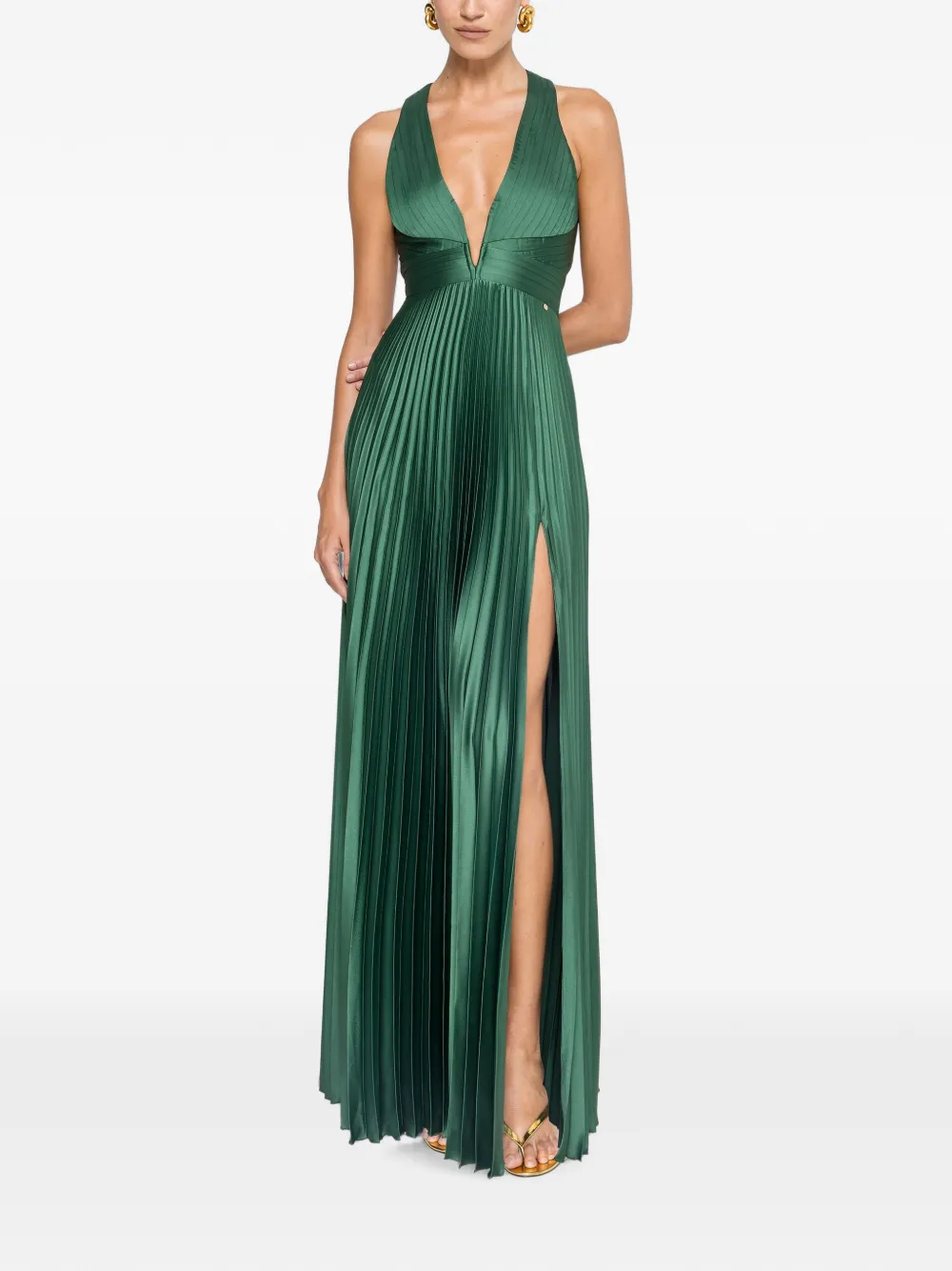 Nissa Pleated Satin Maxi Dress In Green