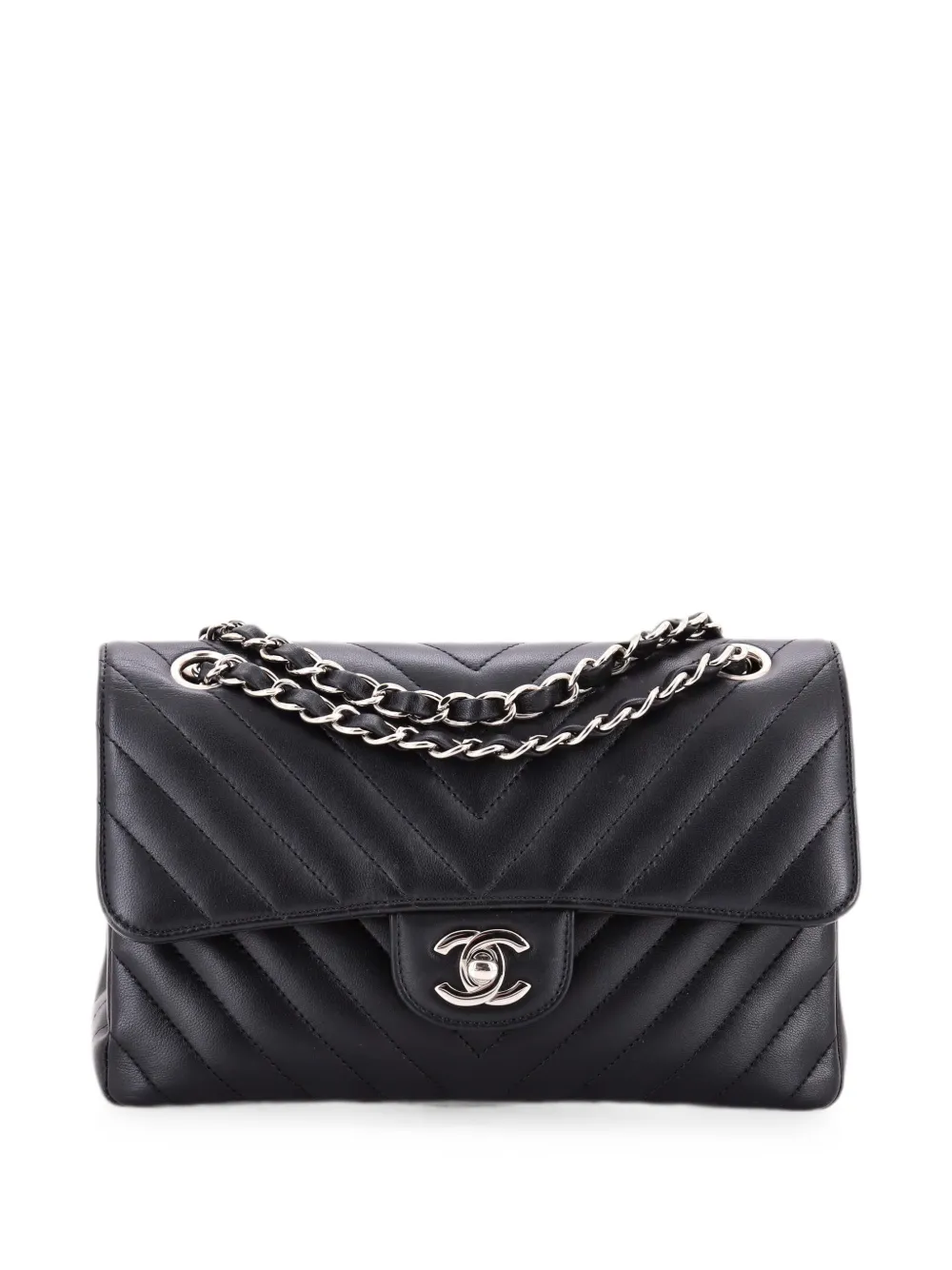 CHANEL Pre-Owned Borsa a spalla classica media in pelle di agnello con motivo chevron e doppio battente - Nero