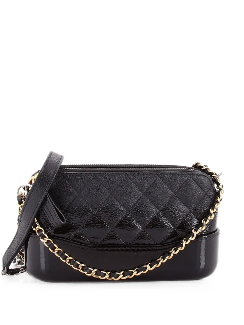 Pre-owned Chanel Gabrielle Double Zip With Chain Quilted Goatskin And Patent Clutch Bag In Black