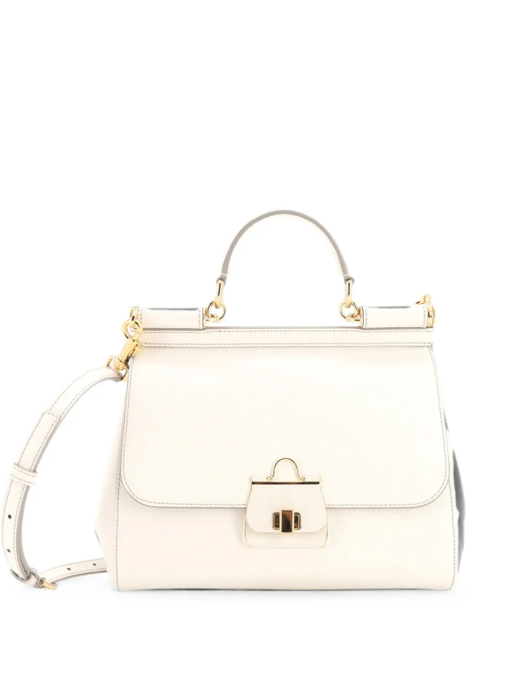 Pre-owned Dolce & Gabbana Miss Sicily Bag Leather With Enamel Medium Satchel In White