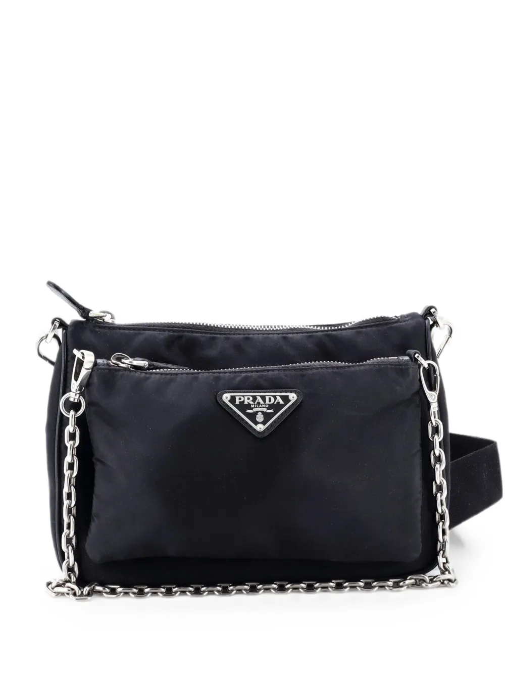 Pre-owned Prada Double Pouch Convertible Tessuto Small Crossbody Bag In Black
