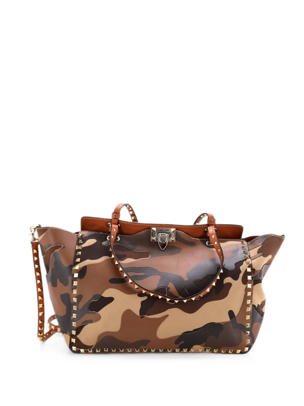 Pre-owned Valentino Garavani Rockstud Camo Leather And Canvas Medium Tote Bag In Brown