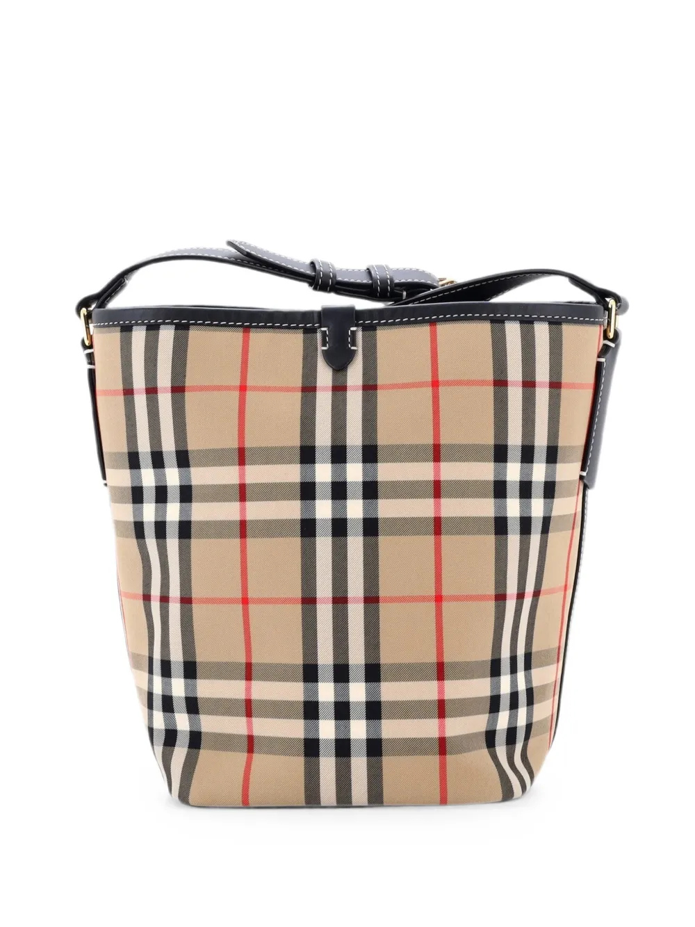 Pre-owned Burberry Ashby Vintage Check Canvas With Leather Mini Bucket Bag In Black