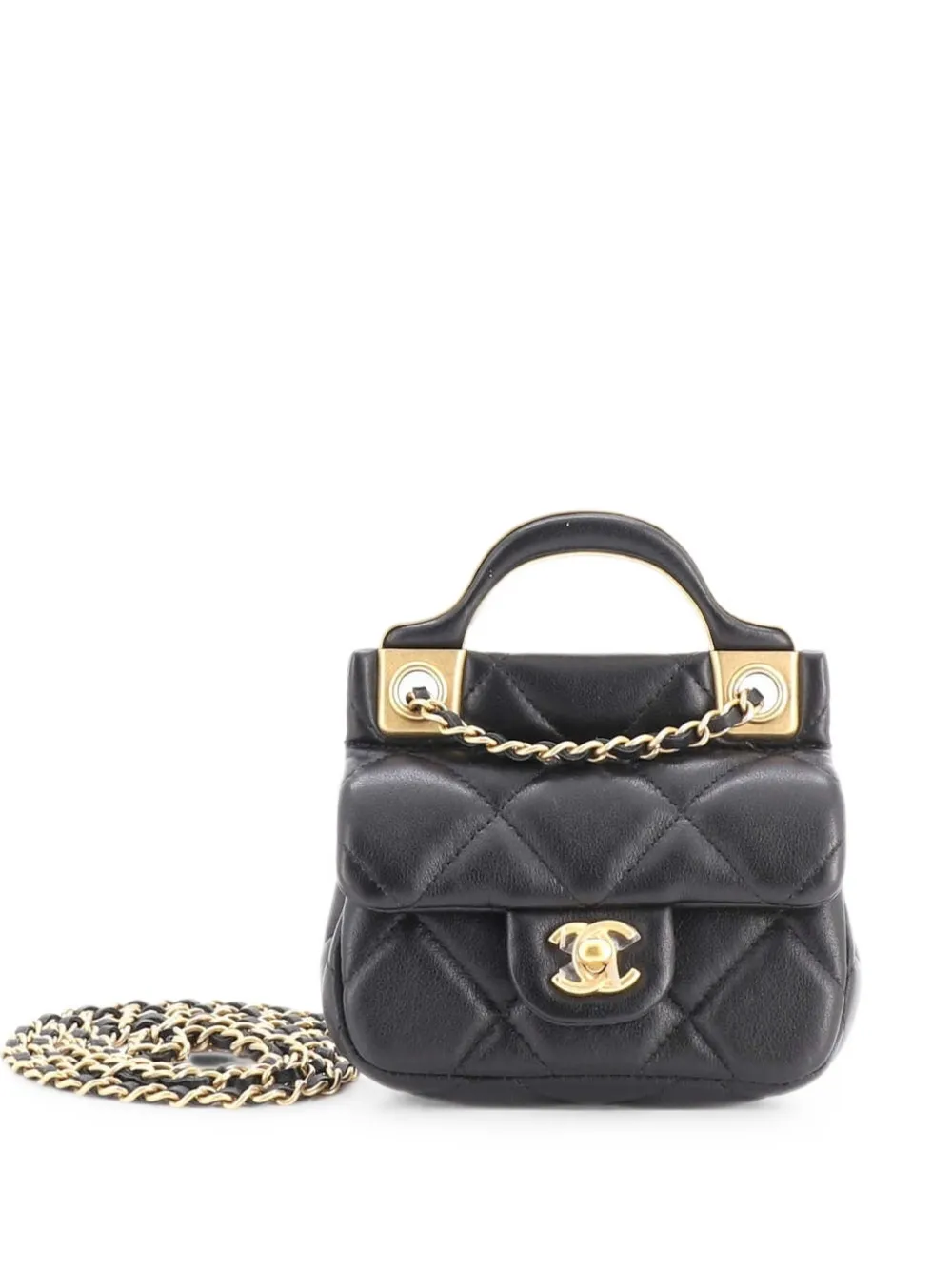 Pre-owned Chanel Lady Handle Flap Card Holder On Chain Quilted Calfskin Clutch Bag In Black