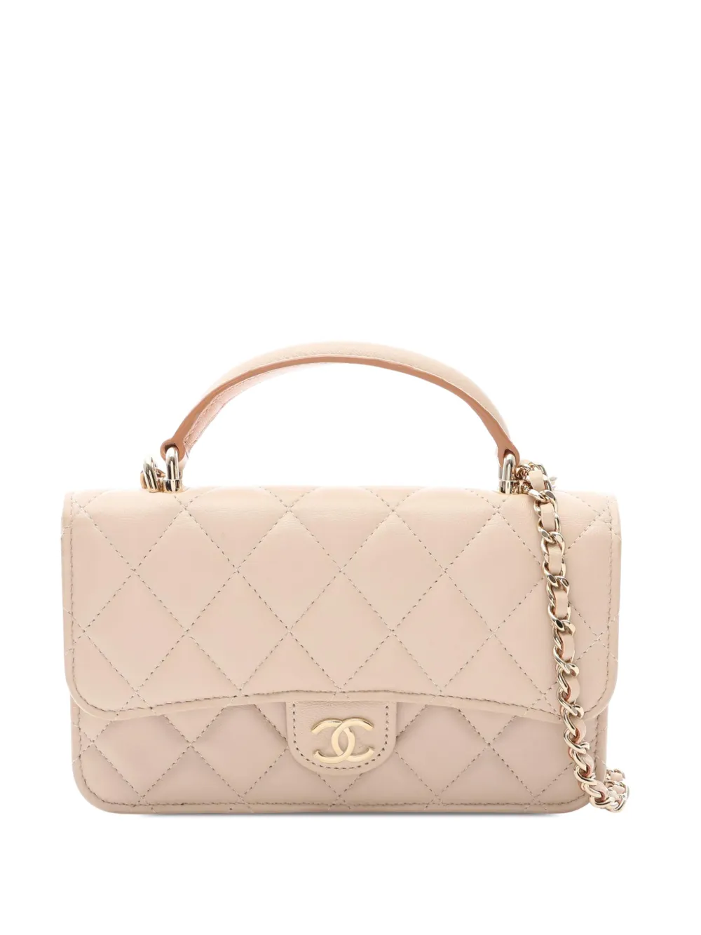CHANEL Pre-Owned 2021-2026 CC Quilted Lambskin Top Handle Phone Holder with Chain satchel - Neutrals
