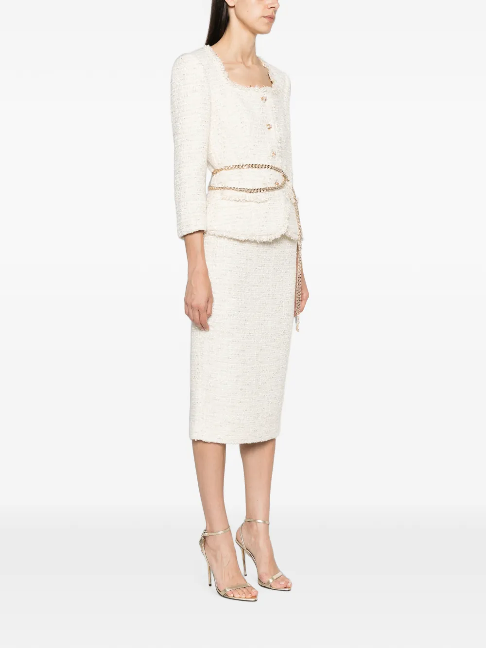 Self-Portrait Bouclé set met midi-rok jack en kettingriem Beige