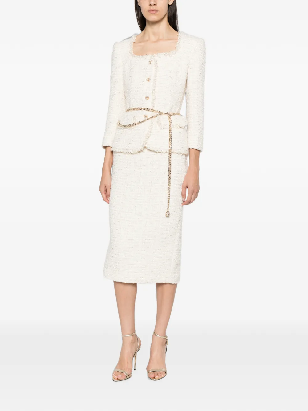 Self-Portrait Bouclé set met midi-rok jack en kettingriem Beige