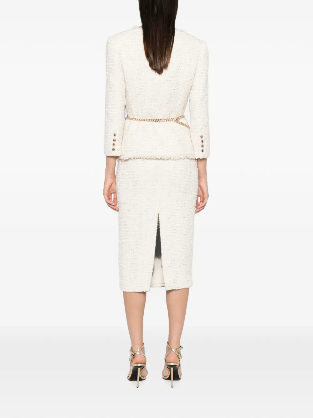 Self-Portrait Bouclé set met midi-rok jack en kettingriem Beige