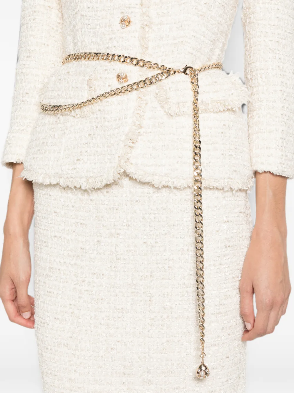 Self-Portrait Bouclé set met midi-rok jack en kettingriem Beige