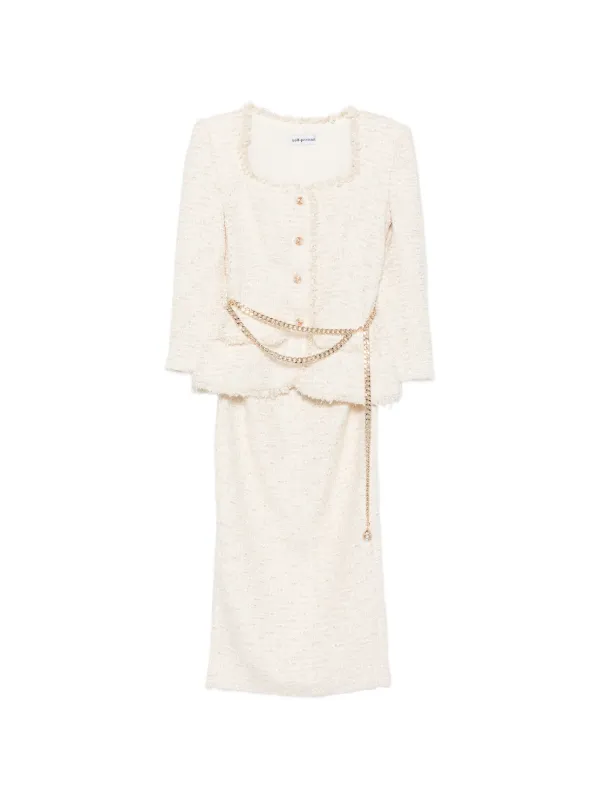Self-Portrait Cream Boucle Tailored Chain Midi Dress | Neutrals