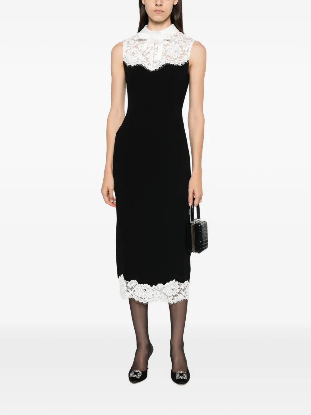 Self-Portrait black contrast-lace bodice midi dress Zwart