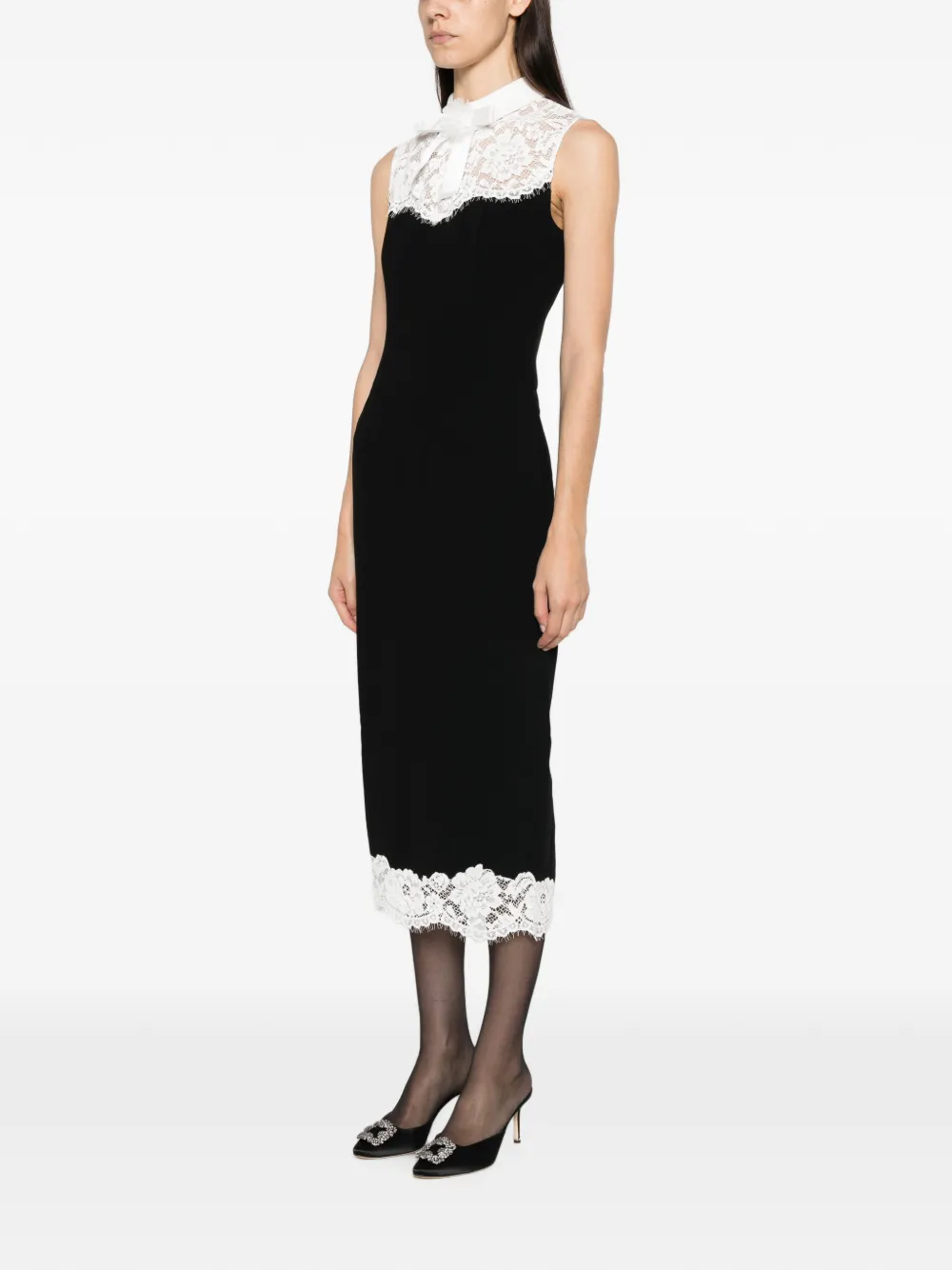 Self-Portrait black contrast-lace bodice midi dress Zwart