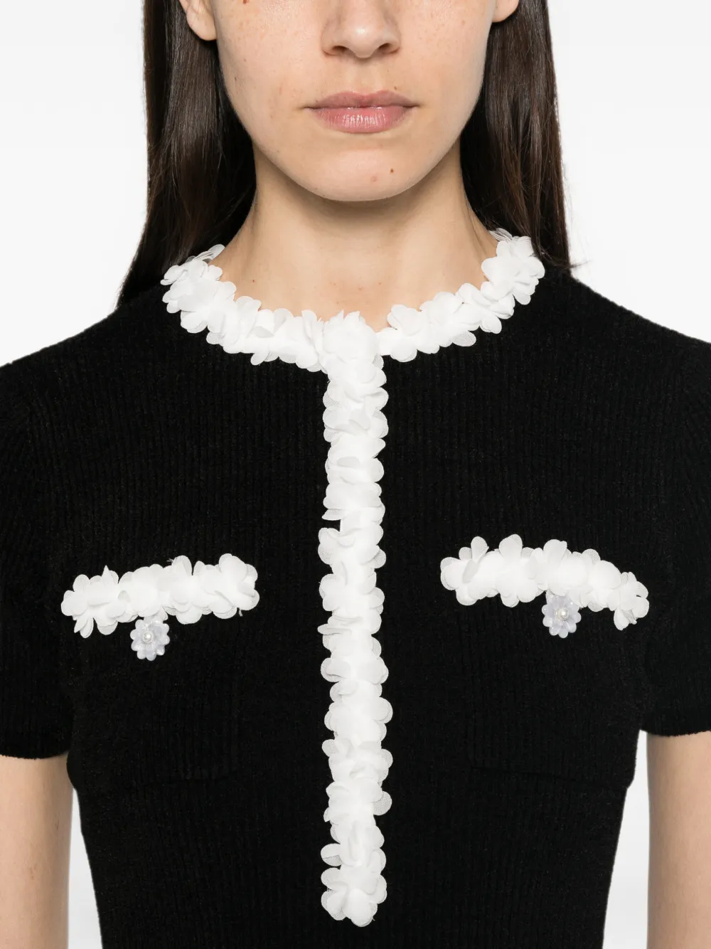 Self-Portrait floral-appliqué ribbed-knit midi dress Zwart