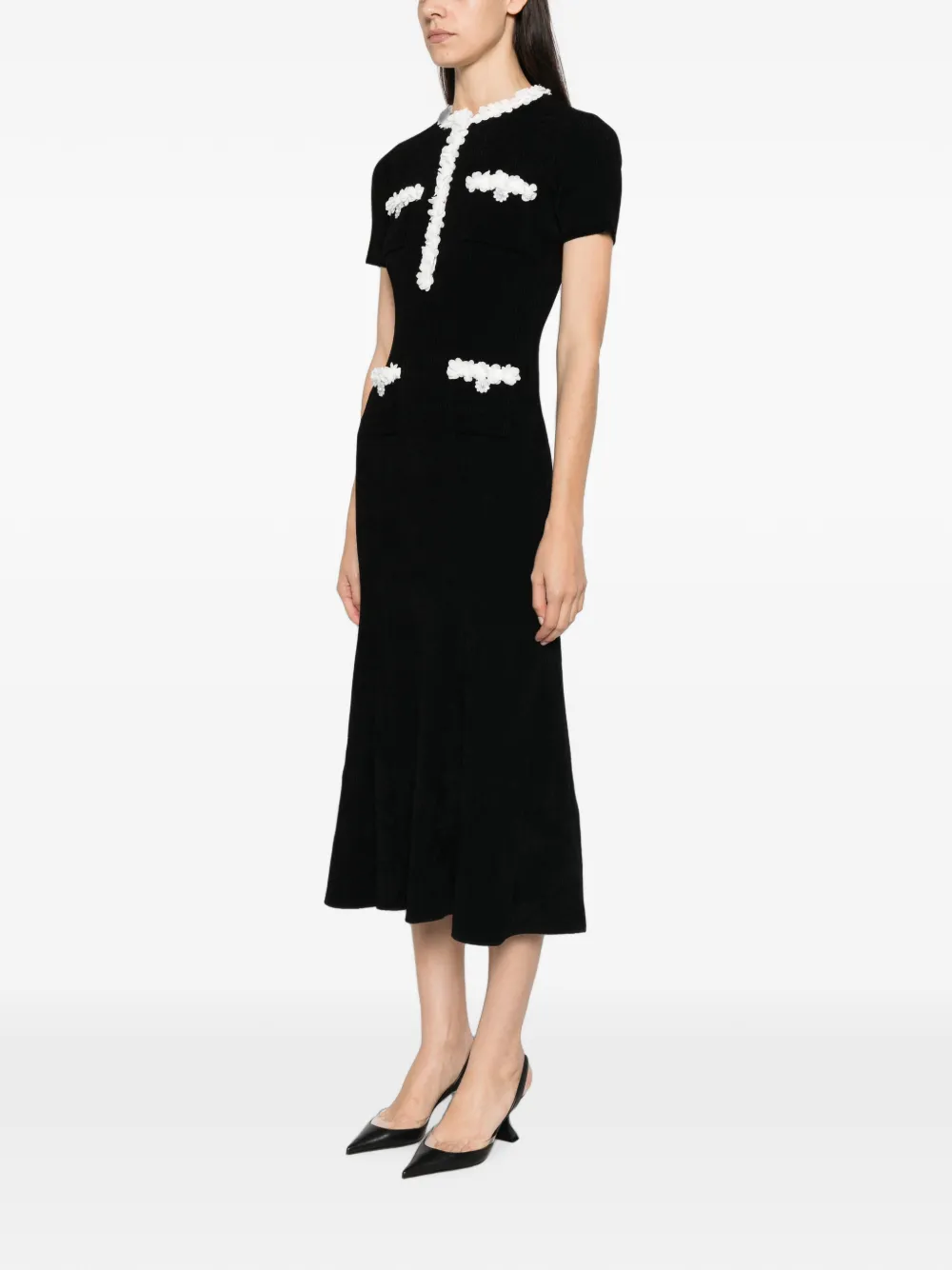 Self-Portrait floral-appliqué ribbed-knit midi dress Zwart