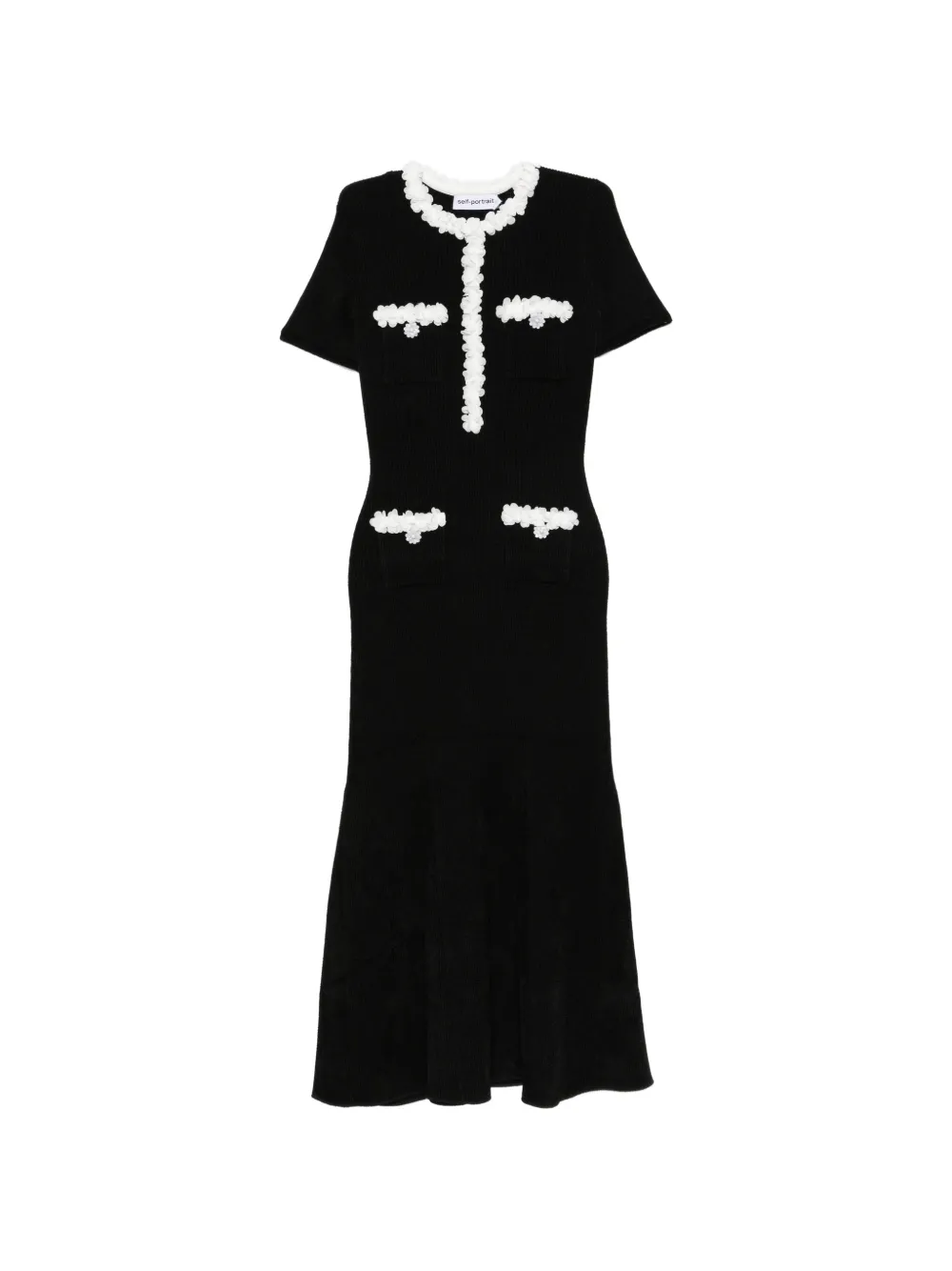 Self-Portrait floral-appliqué ribbed-knit midi dress - Schwarz
