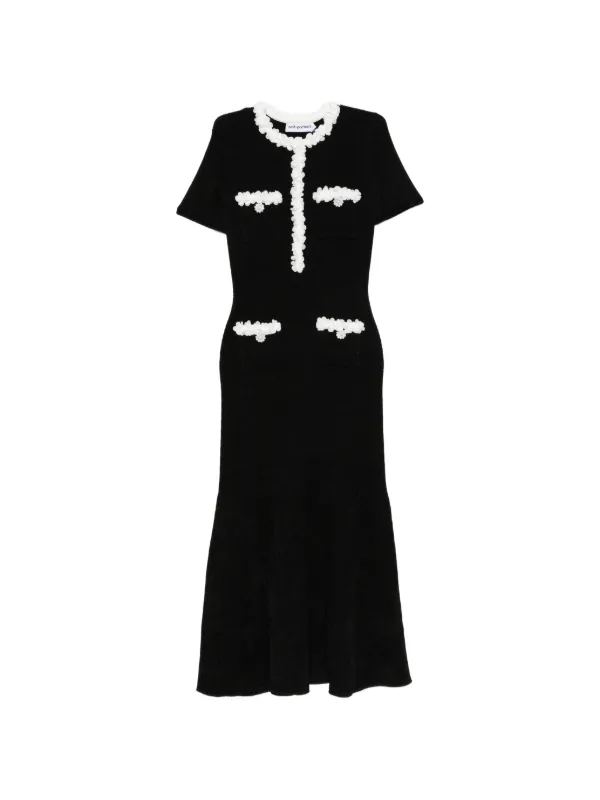 Self-Portrait Black Chenille Knit Flower Trim Midi Dress | Black