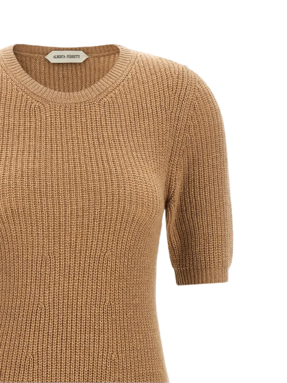 Alberta Ferretti Ribgebreide midi-jurk met kanten zoom Beige