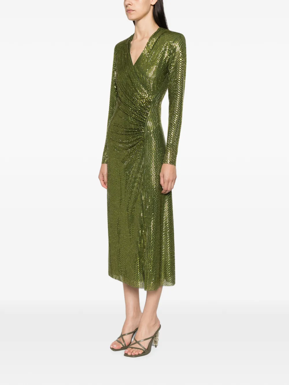 Self-Portrait Mesh midi-wikkeljurk met stras Groen