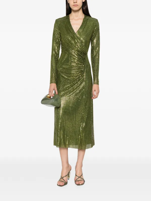 green rhinestone mesh midi dress Self-Portrait Olive Wrap | DR3486