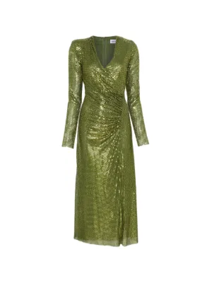 Self-Portrait Olive Rhinestone Mesh Wrap Midi Dress | Green