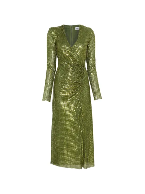 Self-Portrait olive rhinestone mesh wrap midi dress